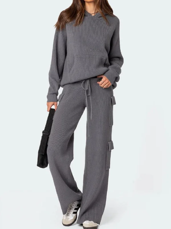 Pocketed Knit TopsLong Sleeve Hooded Top and Pants Sweater Set