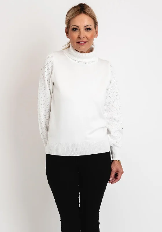 Micha Roll Neck Embellished Sleeve Knit Sweater, WhiteKnit Lace