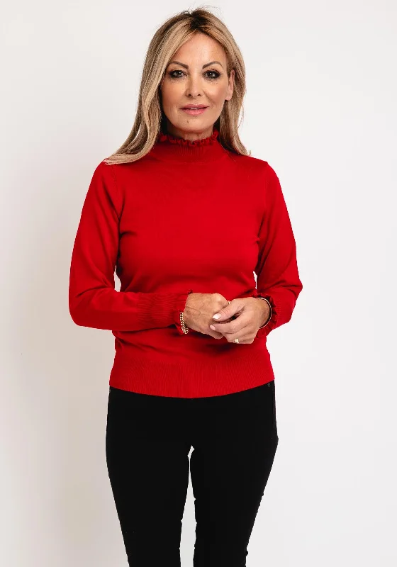 Micha Frilled High Neck Sweater, RedKnitted Round Neck