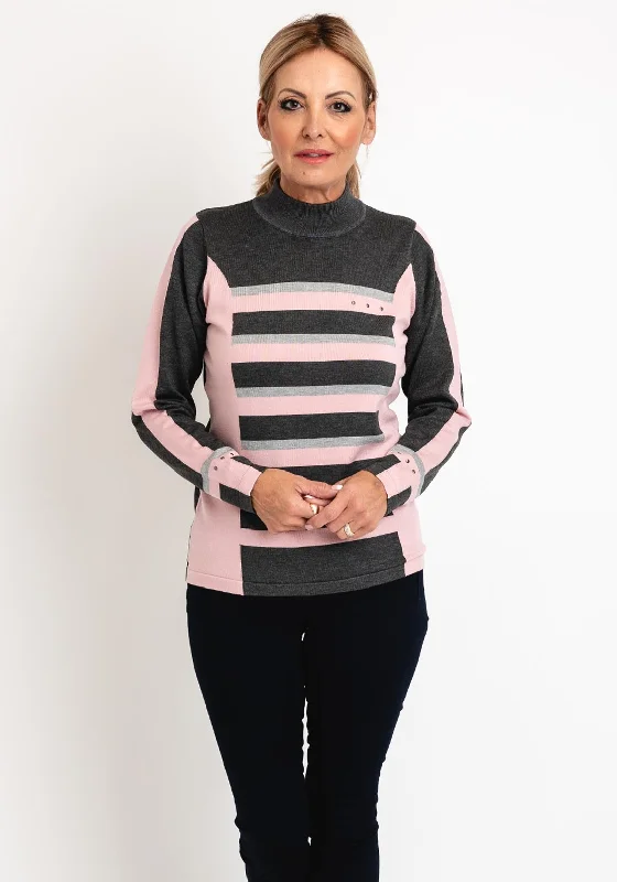 Micha Funnel Neck Striped Knit Sweater, Pink & GreyKnitted Textured