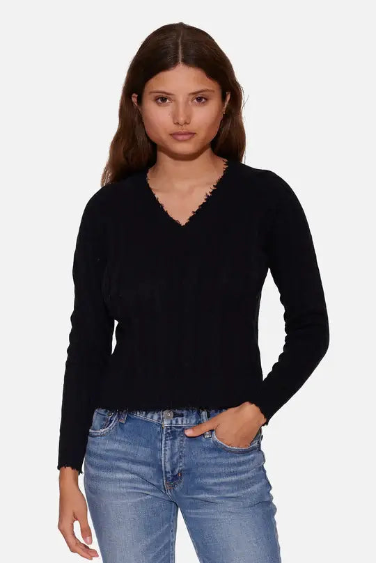 Asymmetrical Knit TopsAmber Cable V Neck Sweater Black