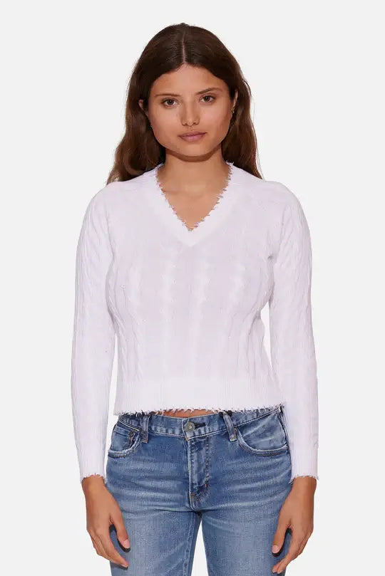 Layered Knit TopsAmber Cable V Neck Sweater White