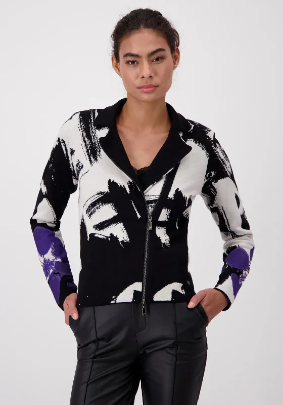 Monari Abstract Print Lapel Collar Short Jacket, BlackKnitted Cable