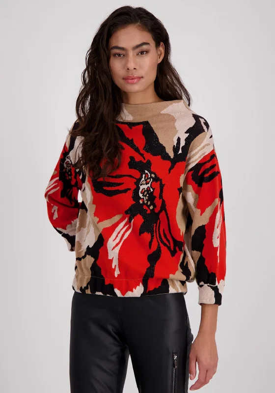 Monari Floral Pattern Knit Sweater, OrangeKnit V-Neck