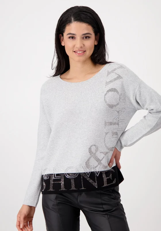 Monari Colour Block Rhinestone Text Sweater, GreyKnit Ribbed