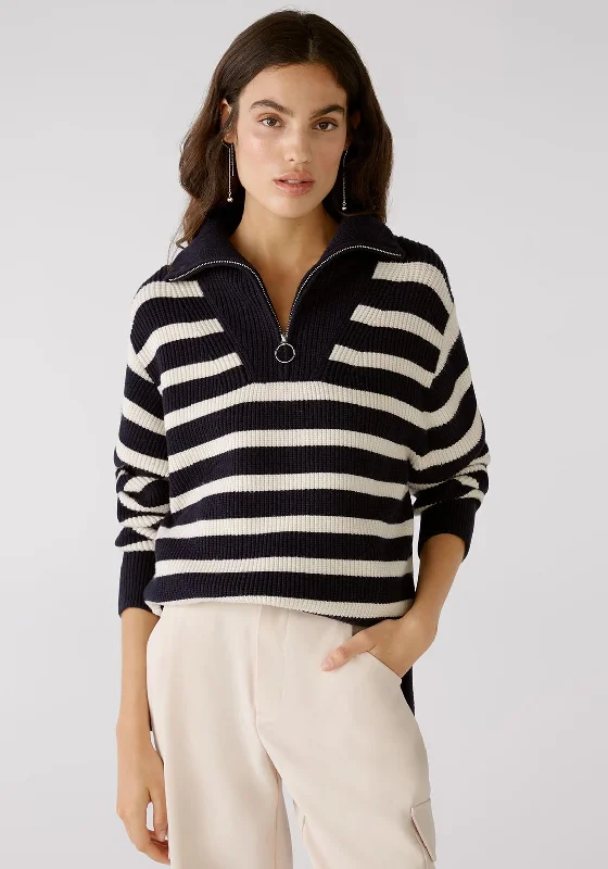 OUI Half Zip Striped Knit Sweater, Navy & WhiteKnitted Collared