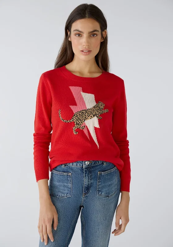 Oui Lightning Bolt Leopard Motif Jumper, Red CamelKnitted Shirt