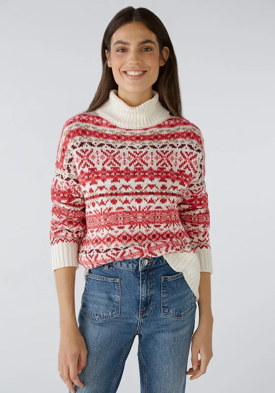 Oui Nordic Print Knitted Sweater, Off-White RedKnitted Sweater