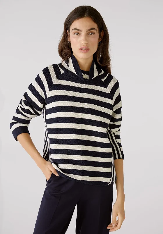 OUI Roll Neck Stripe Jumper, Navy & WhiteKnit Hooded