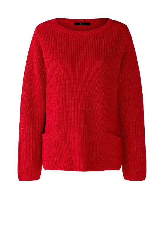 Oui Patch Pocket Cotton Sweater, Chinese RedKnit Top