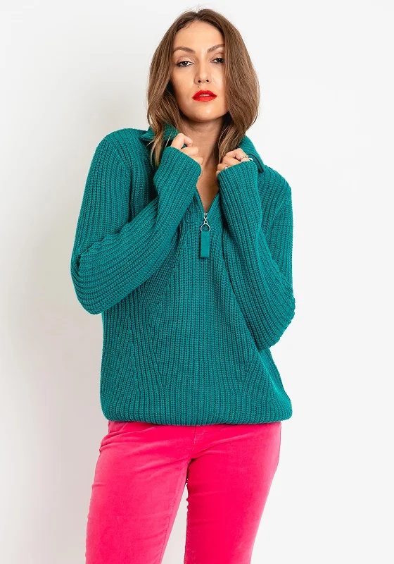 OUI High Neck Half-Zip Knit Jumper, GreenKnit Short Sleeve