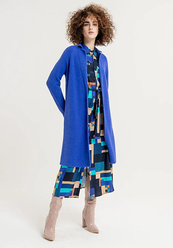 Surkana Lapel Collar Knee Length Knit Coat, Royal BlueKnitted Winter