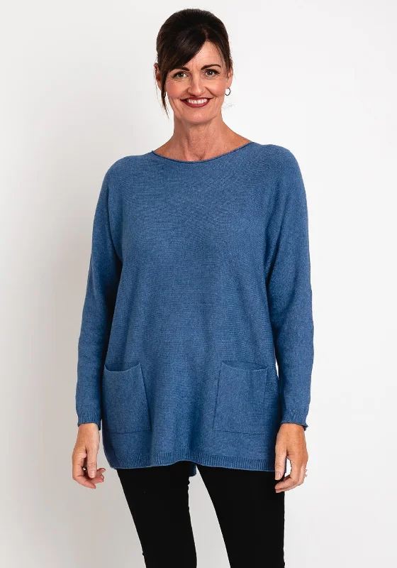 Natalia Collection One Size Fine Knit Relaxed Sweater, DenimKnitted Fitted