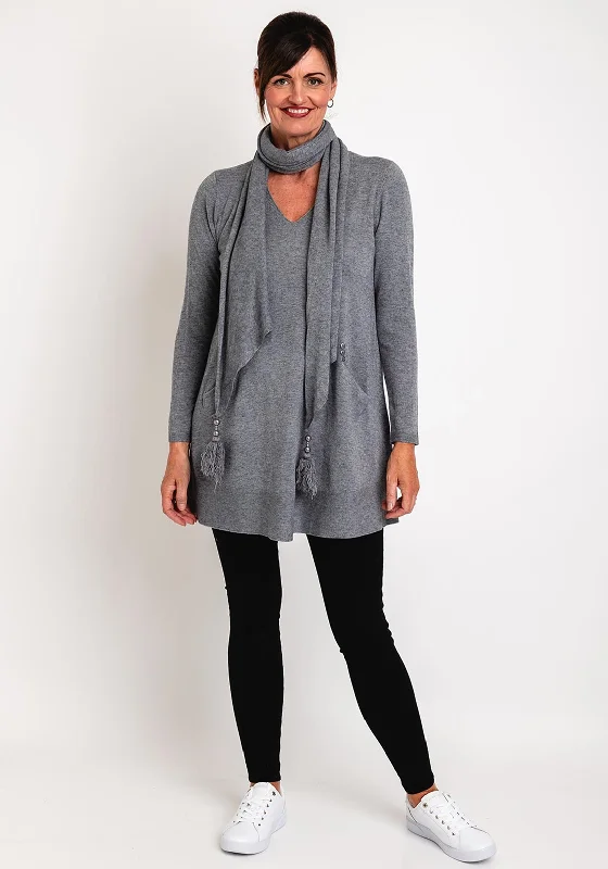 Natalia Collection One Size Long Sweater and Scarf, GreyKnit Loose