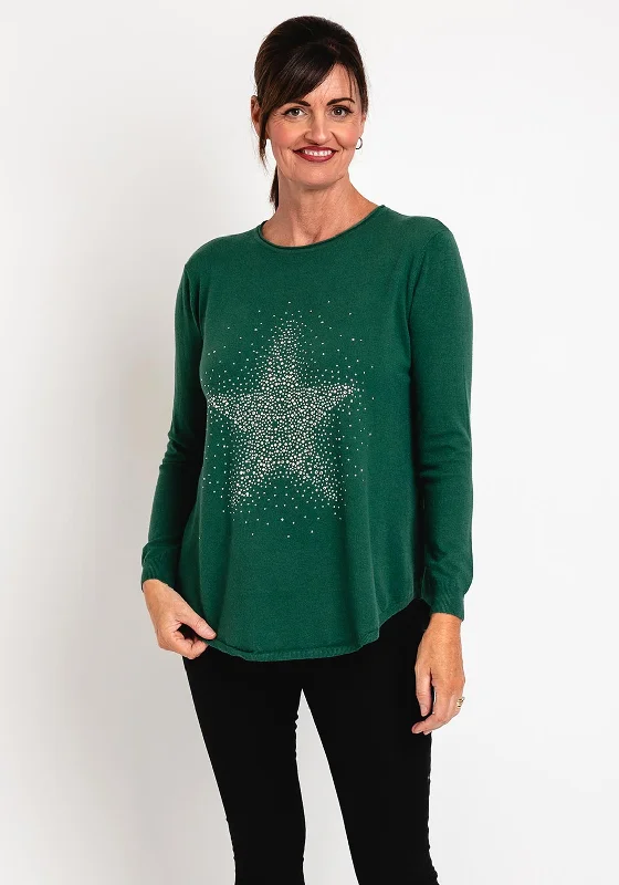 Natalia Collection One Size Fine Knit Star Print Sweater, GreenKnit Heavyweight