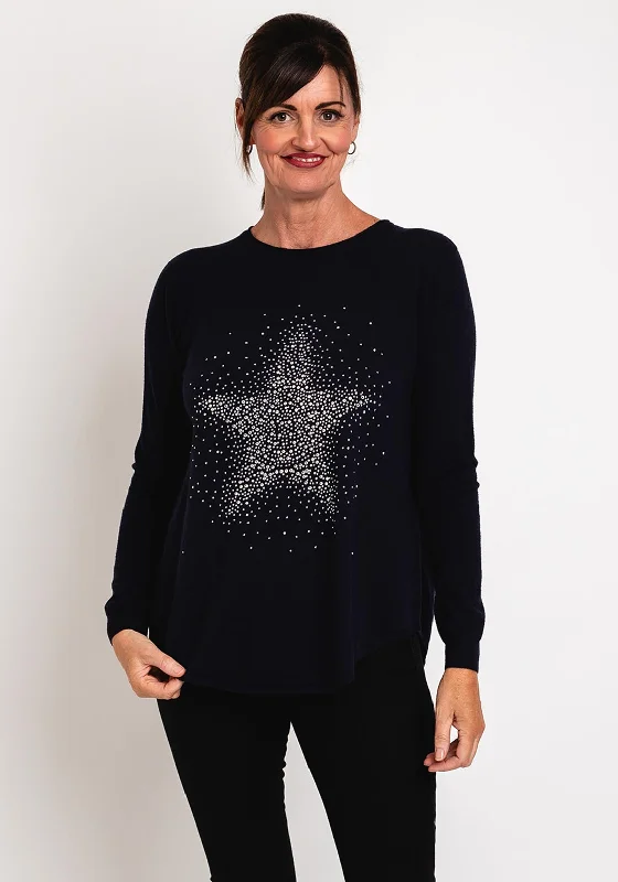 Natalia Collection One Size Fine Knit Star Print Sweater, NavyKnitted Chunky