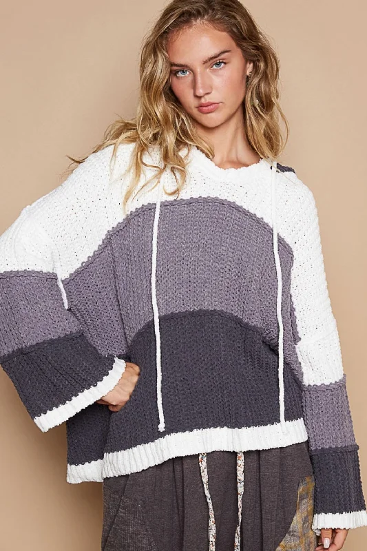 Cable Knit TopsPOL Color Block Long Sleeve Hooded Sweater