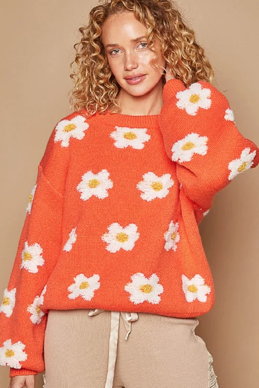 Silk Knit TopsPOL Daisy Pattern Drop Shoulder Sweater