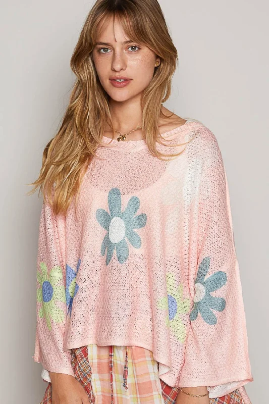 Cycling Knit TopsPOL Flower Dropped Shoulder Long Sleeve Knit Top