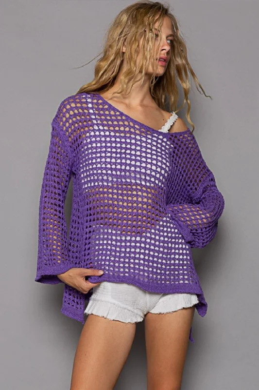 Skateboard Knit TopsPOL Openwork Flare Sleeve Knit Cover Up