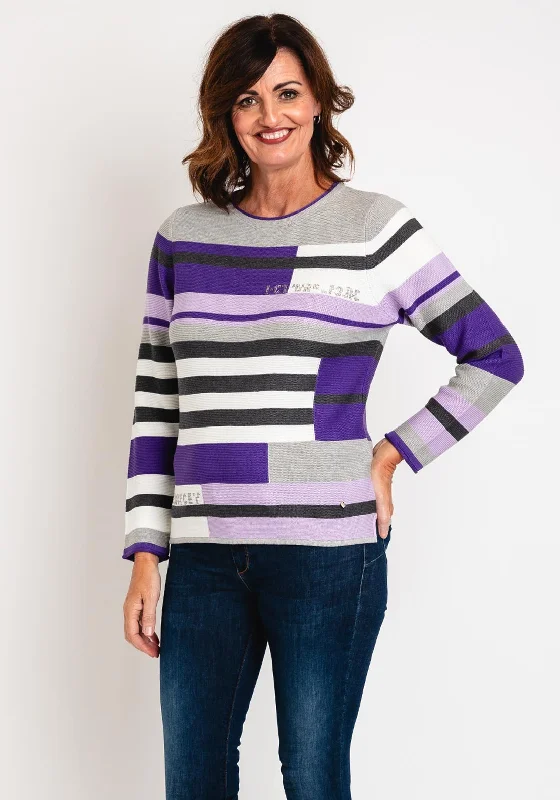 Rabe Multicoloured Stripe Knitted Sweater, VioletKnitted V-Neck