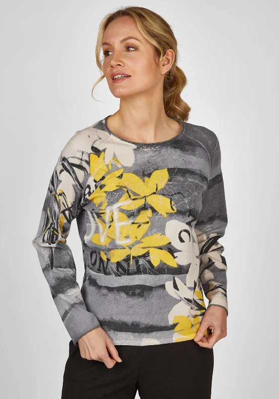 Rabe Floral Print with Glitter Accents Sweater, GreyKnit Fitted