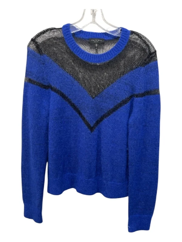 Layered Knit TopsRag & Bone Size M Blue & Black Acetate Blend Sheer Upper Crew Neck Sweater