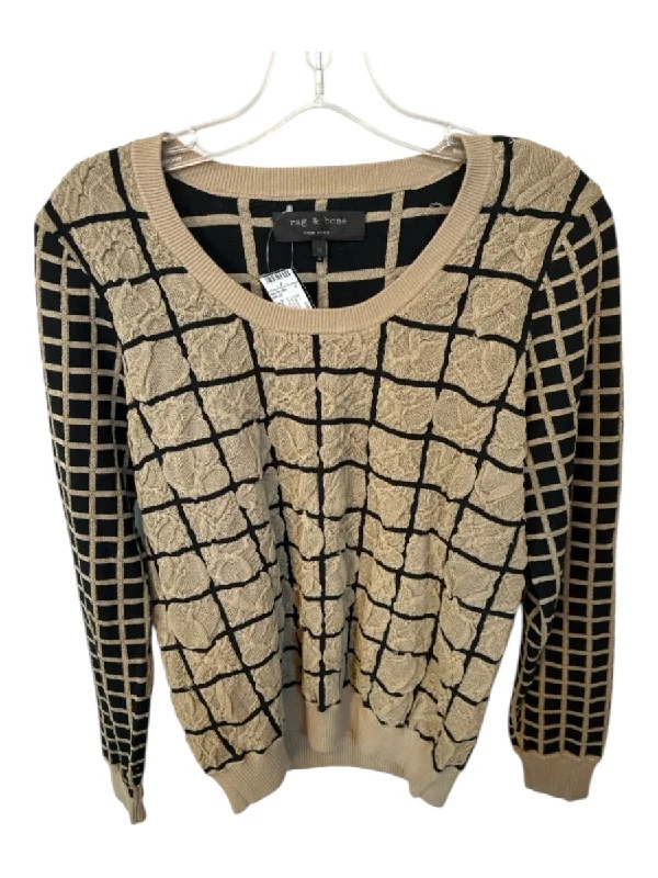 Formal Knit TopsRag & Bone Size M Tan & black Viscose Blend Grid Print Long Sleeve Knit Sweater