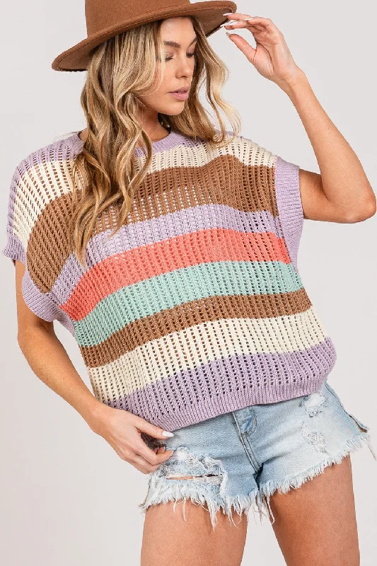 Turtleneck Knit TopsSAGE + FIG Color Block Striped Crochet Sweater