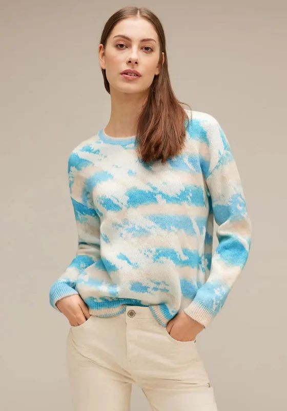 Street One Stripe Cloud Print Knit Sweater, Light Aquamarine BlueKnit Fine