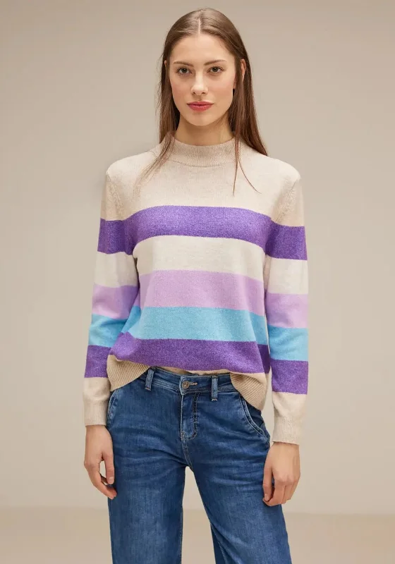 Street One Striped Sweater, Spring Sand MelangeKnitted Button-Up