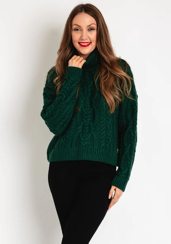 Superdry Womens High Neck Cable Knit Sweater, Pine GreenKnitted Short Sleeve