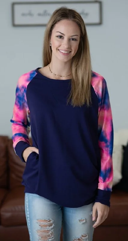 Off-Shoulder Knit TopsTie Dye Pocket Tunic, Navy