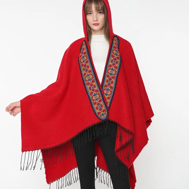 Cultural Knit TopsWomen Solid Cape Cloaks Hoodie Floral Embroidery Chic Poncho Capes