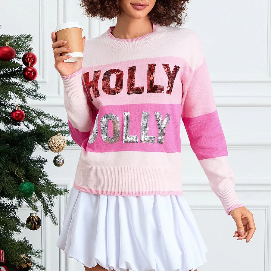 Lounge Knit TopsWomen's Christmas Knit Sweater Long Sleeve Crewneck Sequins Letter Casual Striped Knitwear