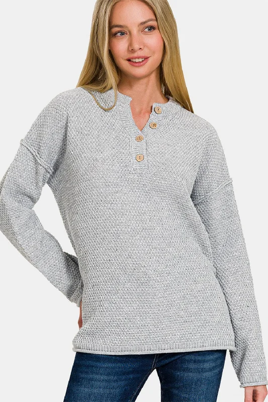 Sheer Knit TopsZenana Button Closure Drop Shoulder Sweater