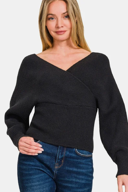 Streetwear Knit TopsZenana Cross Wrap Rib Long Sleeve Sweater