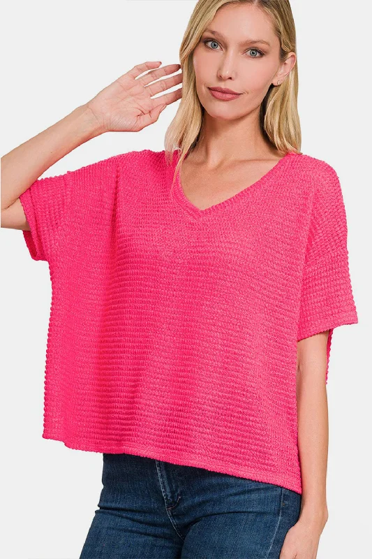 Fleece Knit TopsZenana Drop Shoulder Short Sleeve Jacquard Knit Top