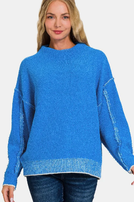 Recycled Fabric Knit TopsZenana Exposed Seam Mock Neck Long Sleeve Sweater