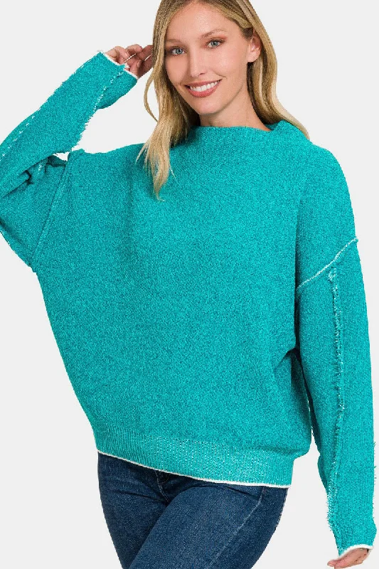 Sheer Knit TopsZenana Exposed Seam Mock Neck Long Sleeve Sweater