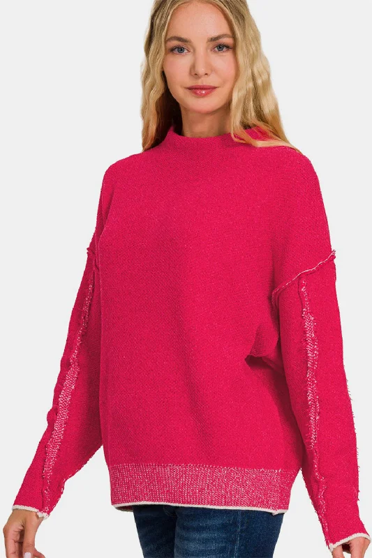 Work Knit TopsZenana Exposed Seam Mock Neck Long Sleeve Sweater