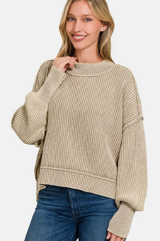 Linen Knit TopsZenana Exposed Seam Round Neck Dropped Shoulder Sweater