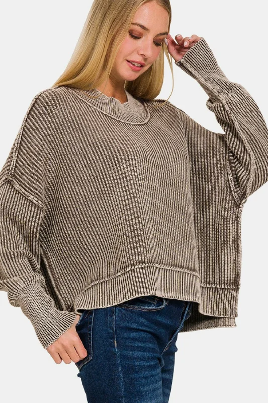 Hunting Knit TopsZenana Exposed Seam Round Neck Dropped Shoulder Sweater