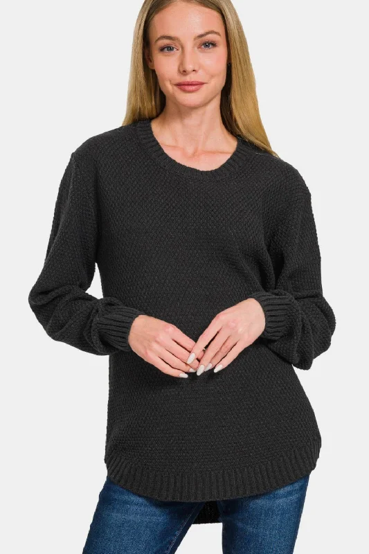 Yoga Knit TopsZenana Ful Size Round Neck Long Sleeve Curved Hem Sweater