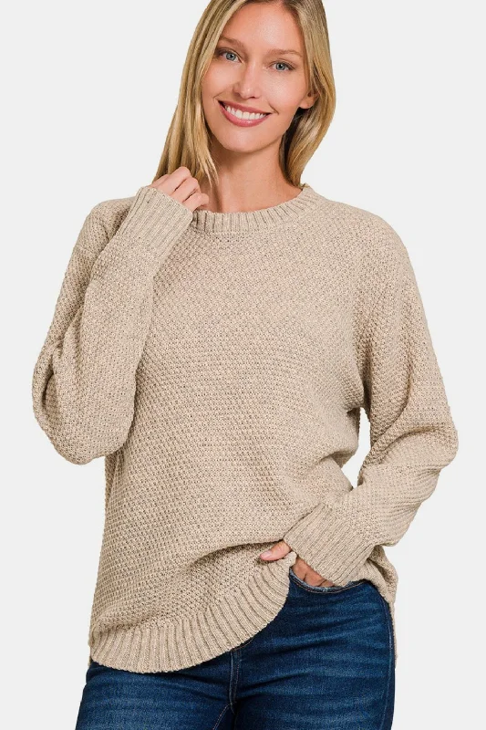 Outdoor Knit TopsZenana Ful Size Round Neck Long Sleeve Curved Hem Sweater