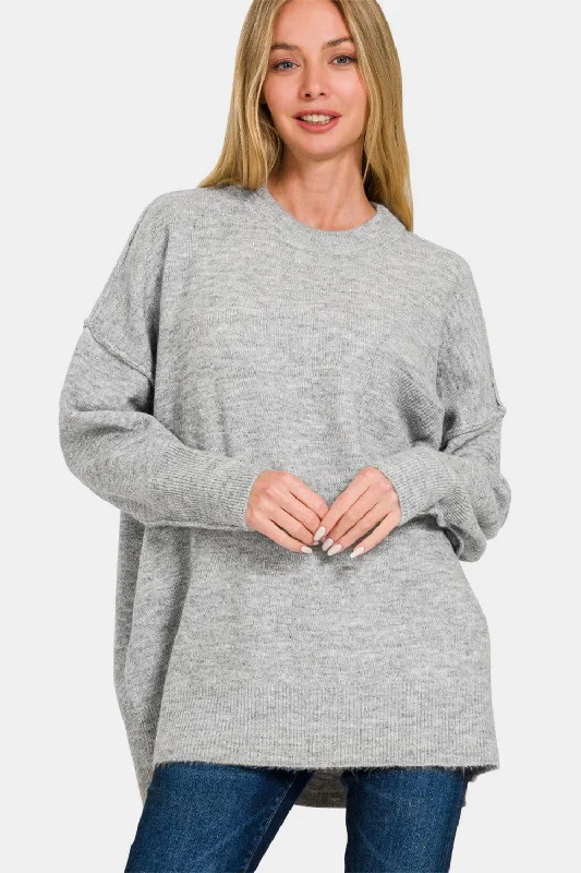 Hooded Knit TopsZenana High-Low Hem Drop Shoulder Sweater