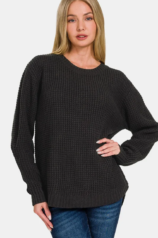 Layered Knit TopsZenana High Low Long Sleeve Waffle Sweater