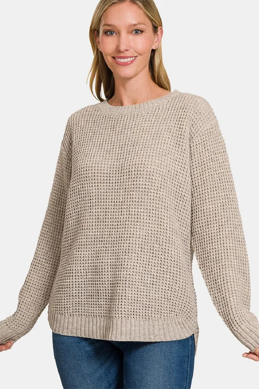 French Terry Knit TopsZenana High Low Long Sleeve Waffle Sweater