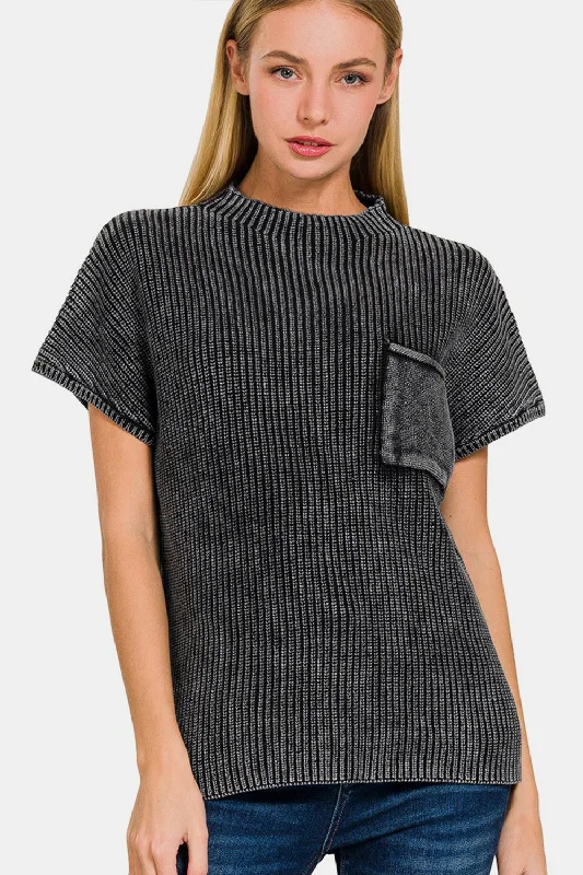 Sequined Knit TopsZenana Pocketed Mock Neck Short Sleeve Sweater