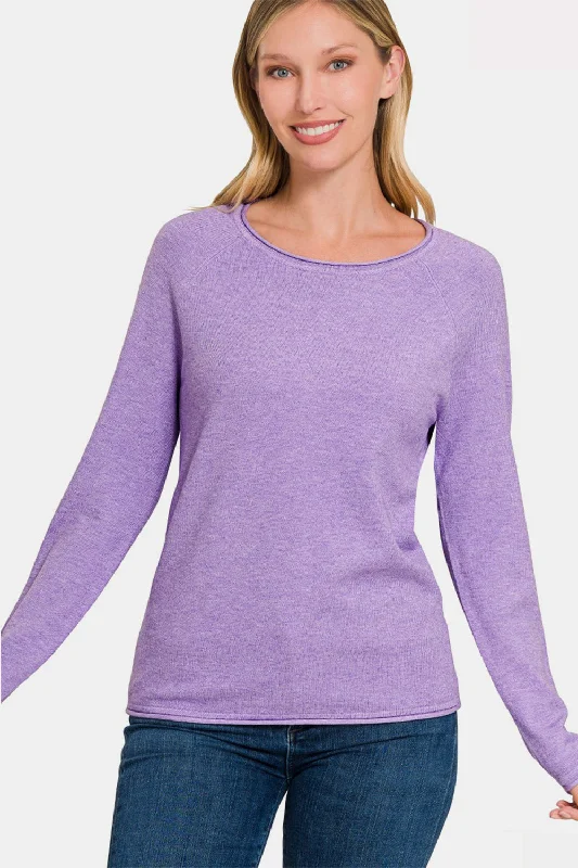 Zippered Knit TopsZenana Rolled Round Neck Long Sleeve Sweater